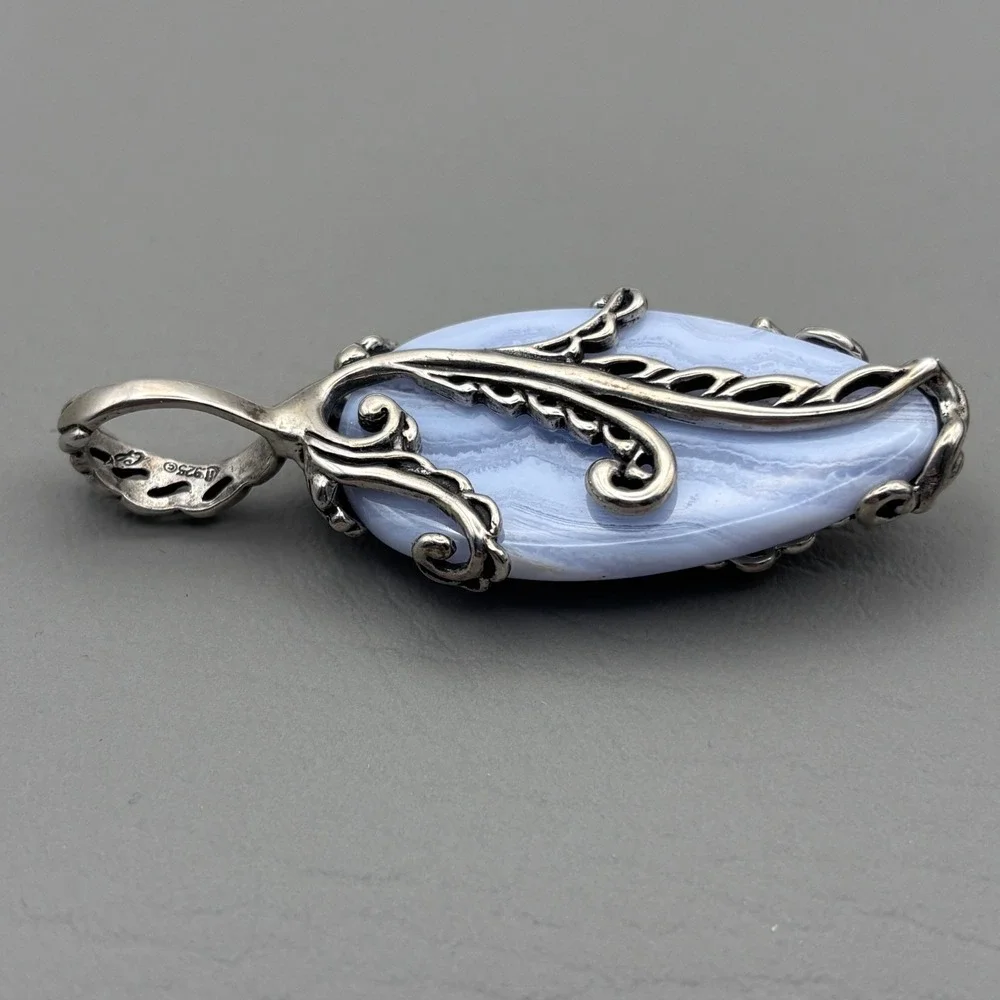 Vintage Carolyn Pollack Relios Sterling Blue Lace Agate Pendant 2.5